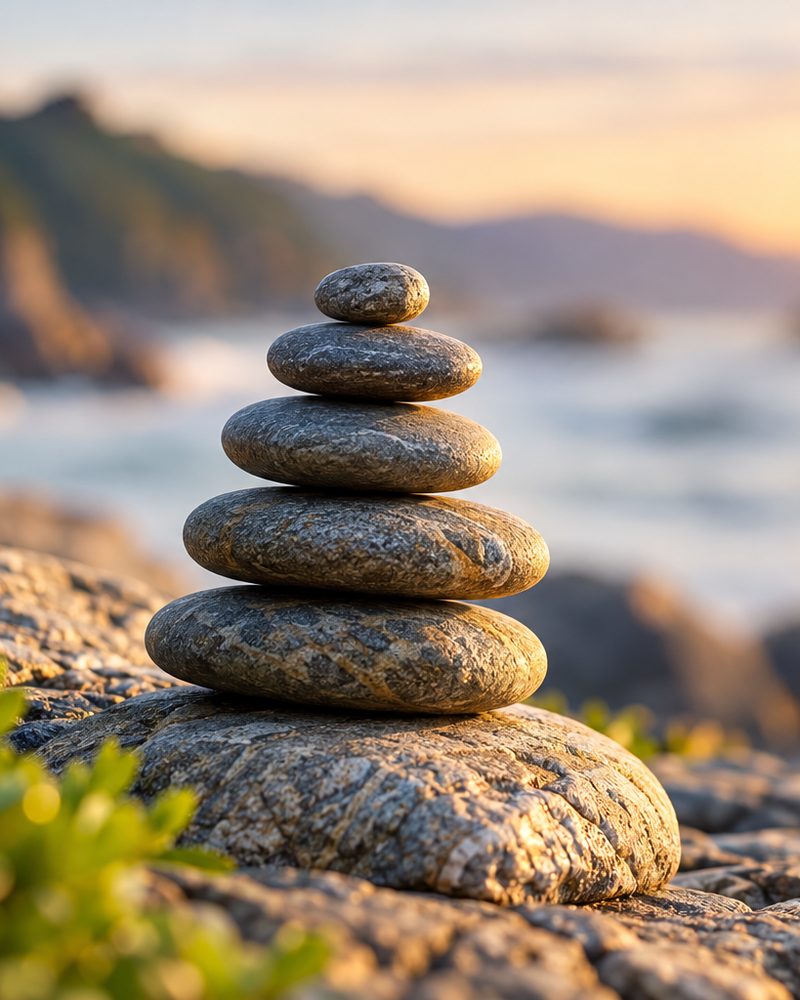Smooth stones stacked in balance beside calm water at sunrise
